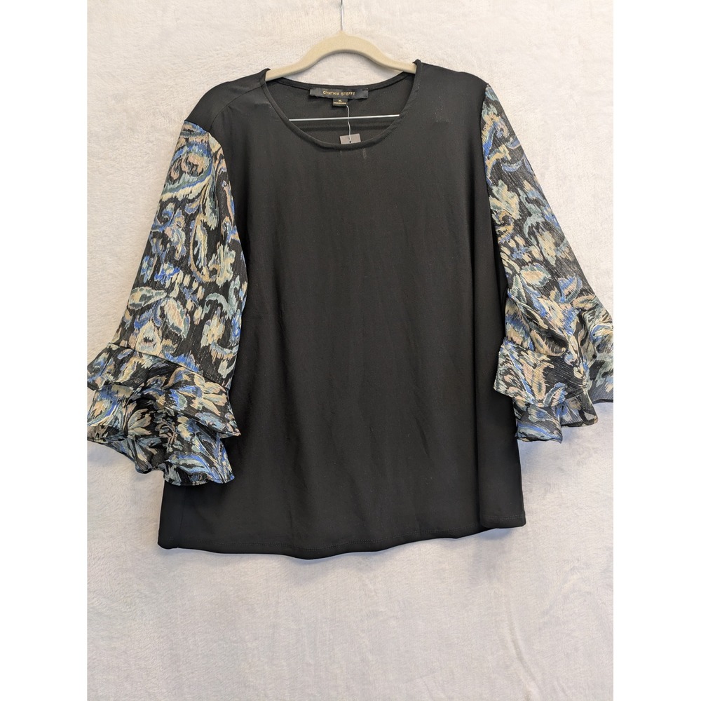 Cynthia Steffe Womens Black XL Ruffled Sleeve Color Rich Black Shirt Top NWT